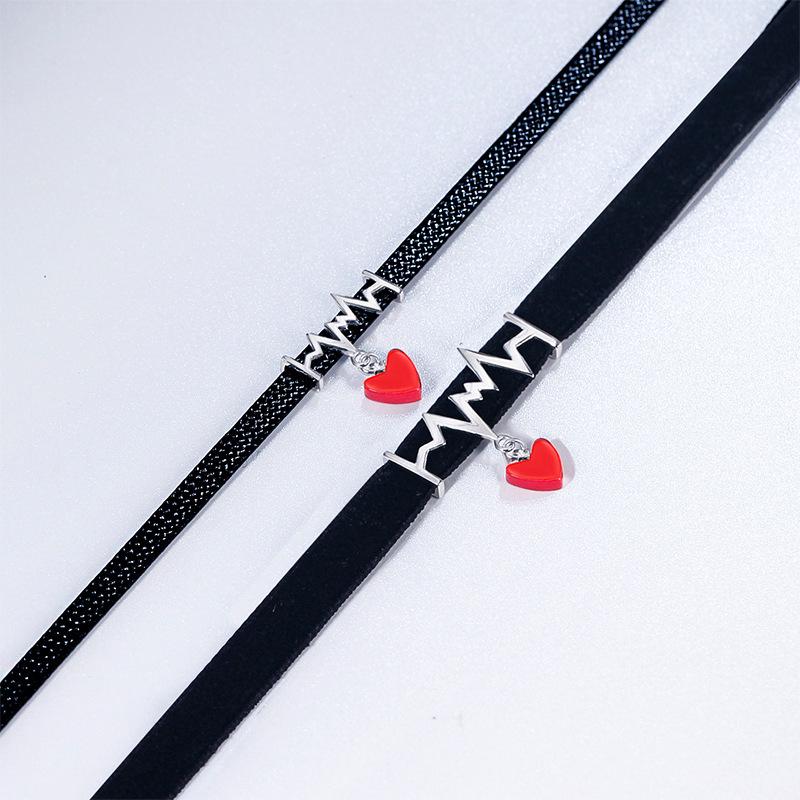 S925 Silver EKG Red Heart Choker Necklace - Black Rope Jewelry for Christmas & Valentine's Day Gift