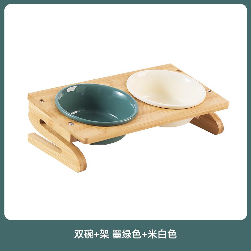 Tilted Ceramic Pet Bowl Bamboo Wood Stand Neck Protection Anti Spill Food Water Dish for Corgi Small Dogs Cats