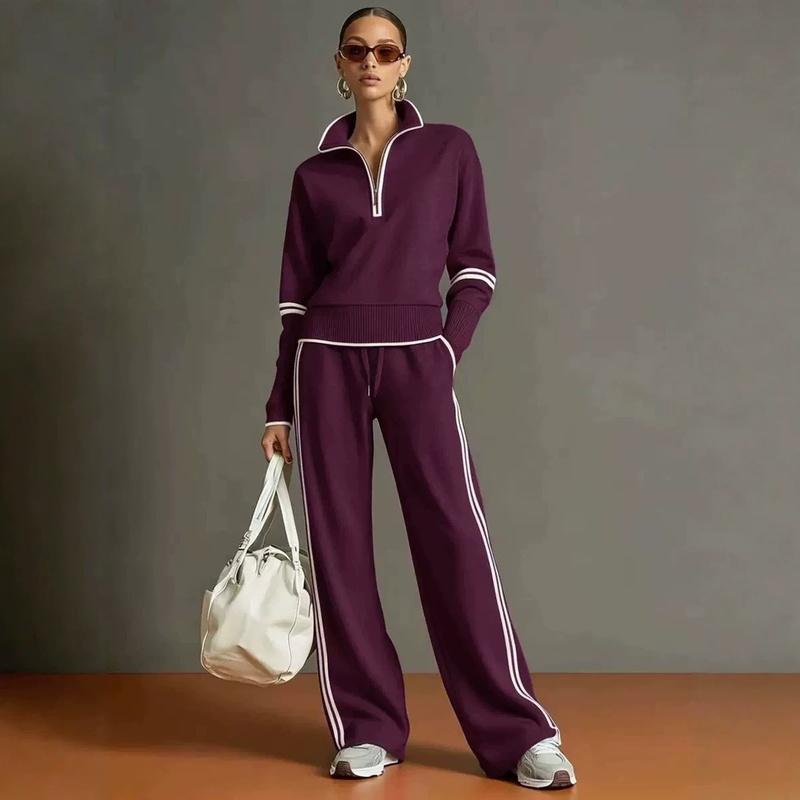 Women Two Piece Tracksuit Set Half Zip Stand Collar Sweatshirt Drawstring Wide Leg Pants Contrast Stripe Casual Sportswear