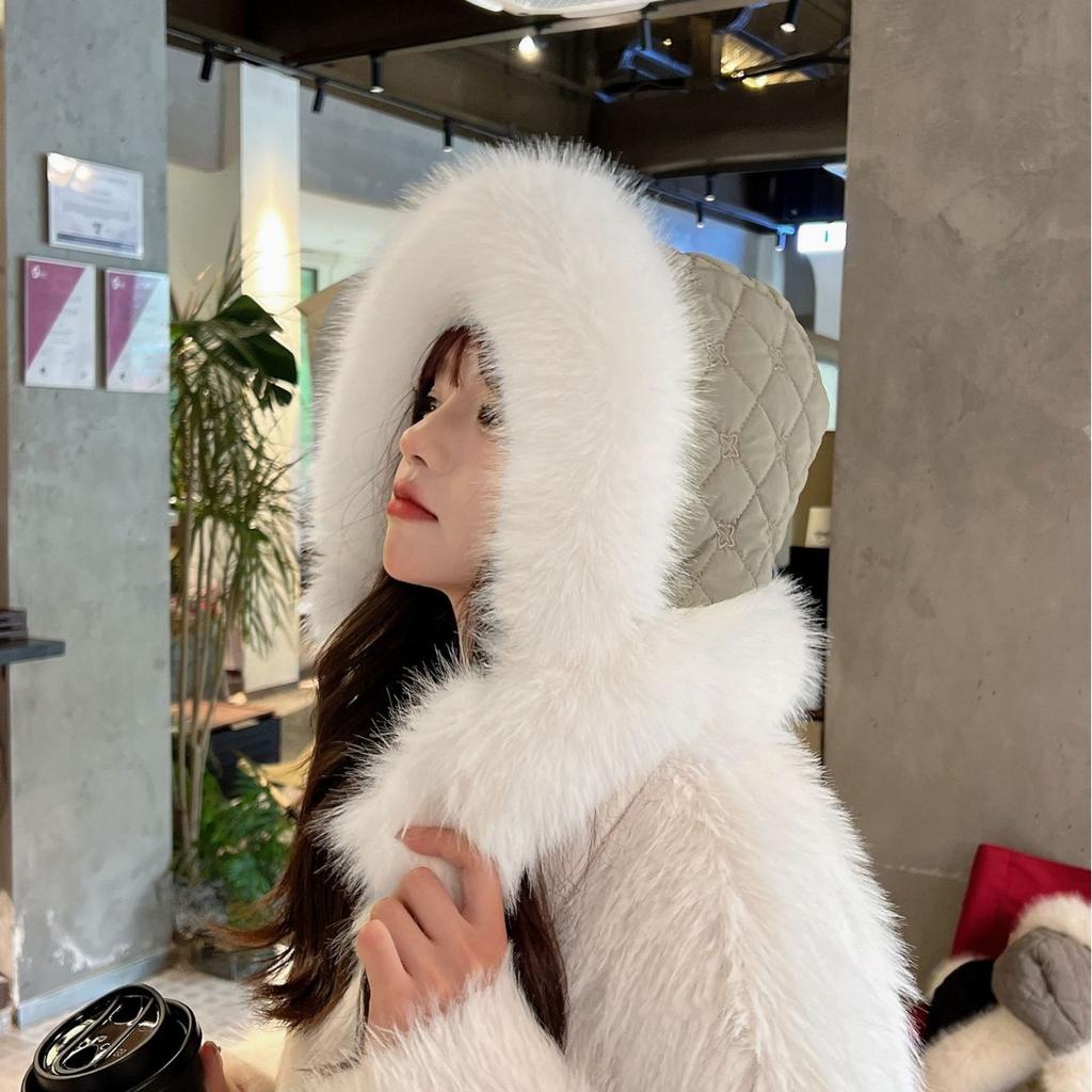 Furry Lei Feng Hat for Women In Autumn and Winter New Thickened Warm Ear Protection Windproof Cold Snow Knitted Cotton Hat