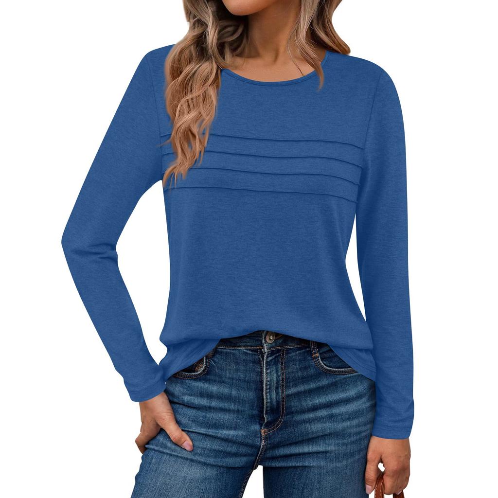 Long Sleeve Shirts For Women Pleated Solid Color Casual Blouses Fashion Basic Round Tops