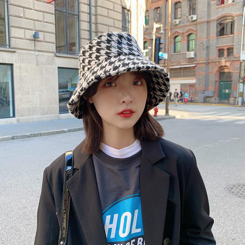 Houndstooth Autumn and Winter Fisherman Hat Trendy Showing Face Small Korean Version Versatile Japanese Corduroy Big Head Basin Hat