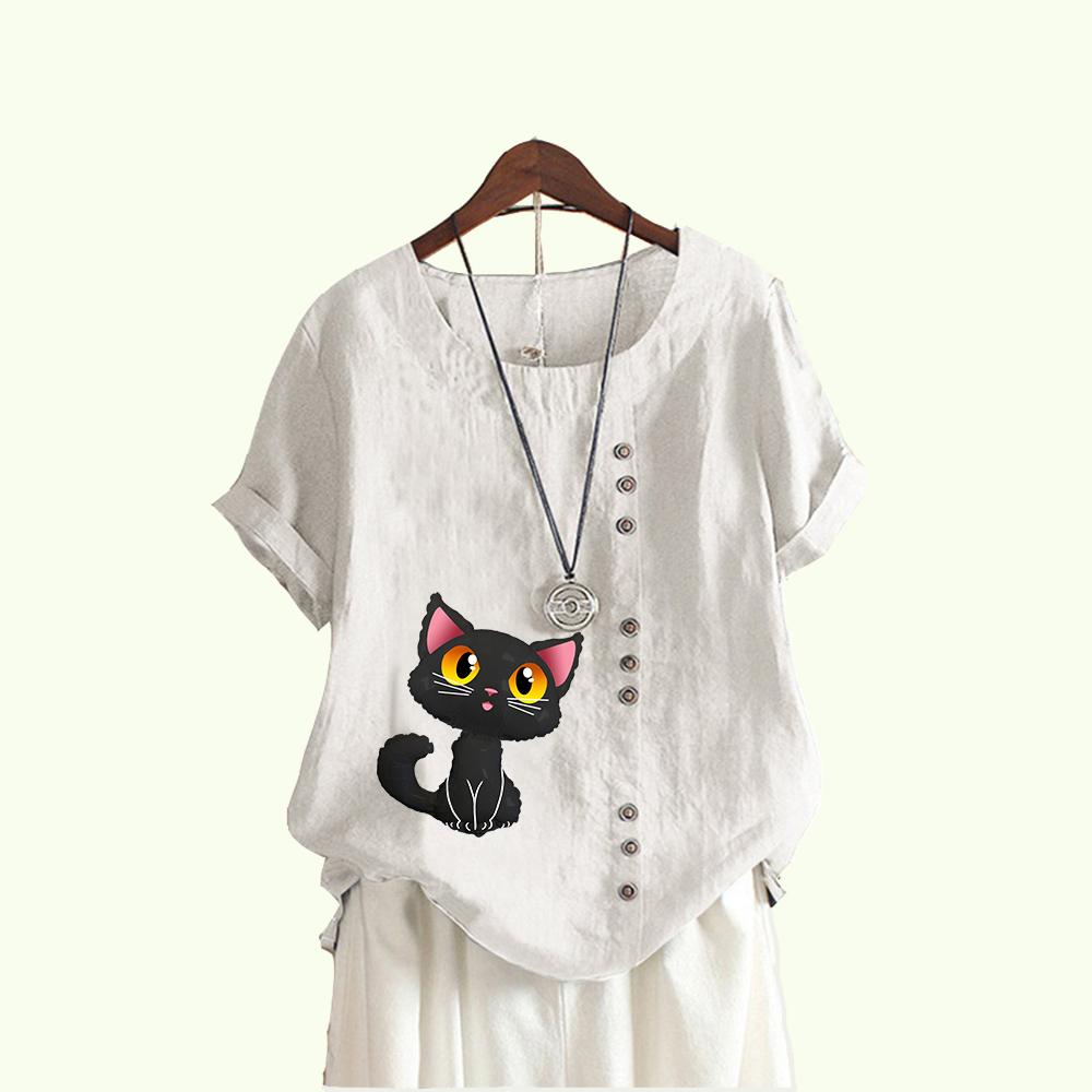 

Женская мода блузка с коротким рукавом с принтом кошки, летняя повседневная пуловер с круглым воротником, свободная хлопковая льняная футболка S белый