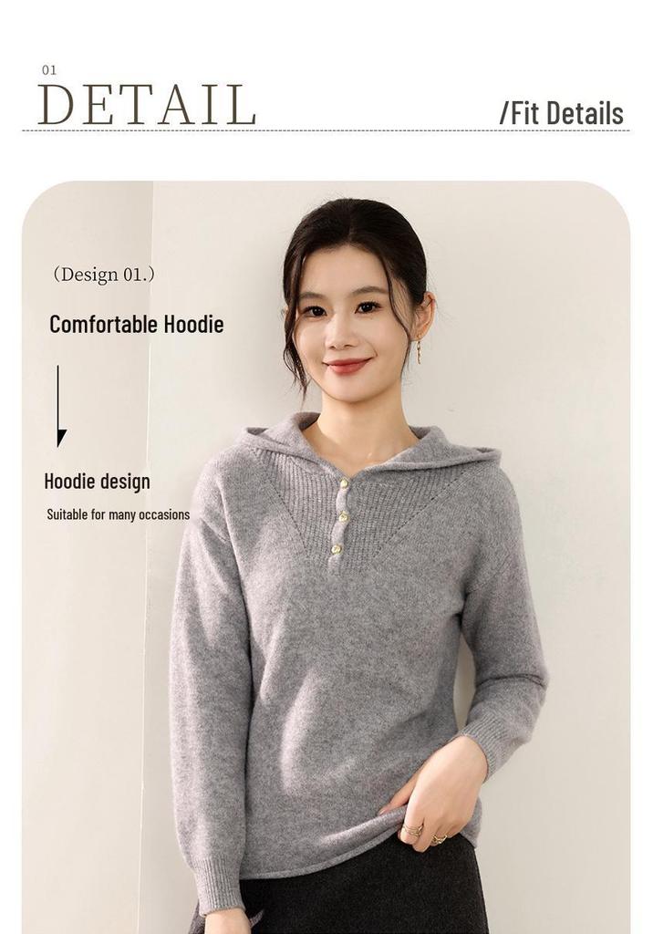 Women's 100% Pure Wool Half-Zip Hooded Sweater with Gold Buttons - New Autumn/Winter Fashion