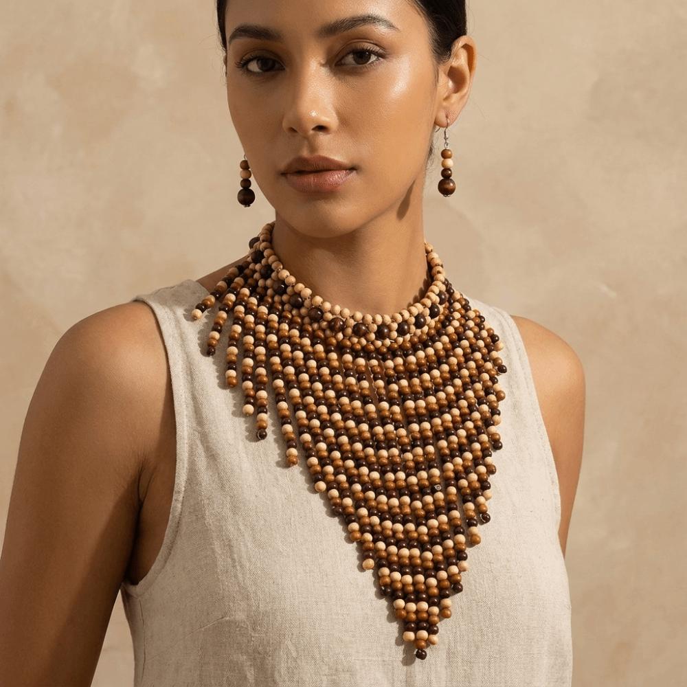 Handmade Jewelry Set Wood Tassel Necklace Luxury Ear Studs  Party