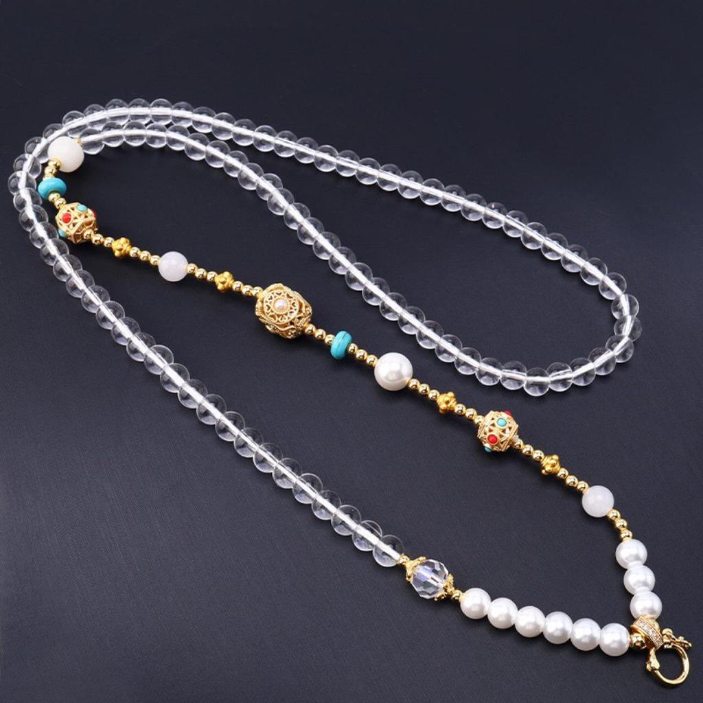White Crystal Bead Thangka Amulet Necklace & Sweater Chain