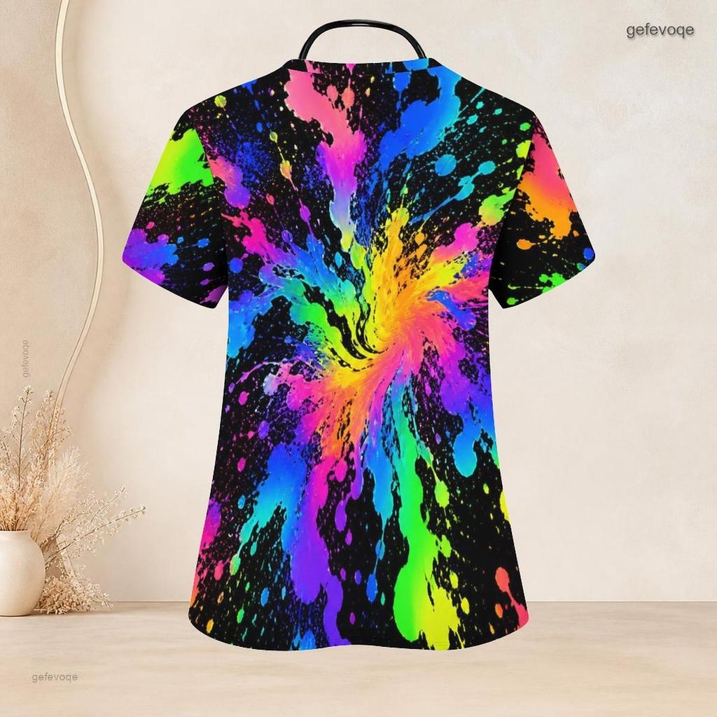 Women Plus Size Black Printed Nurse Scrub Top V Neck Short Sleeve With Front Pockets