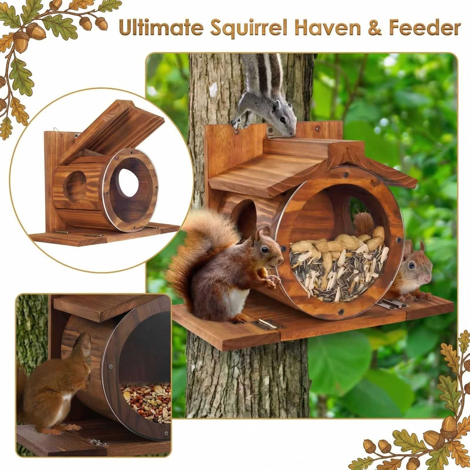 Squirrel Feeder With A Round, Transparent Window.  Sturdy Squirrel Feeding Station For Outdoor Use, With Ventilation Holes And Mounting Options For