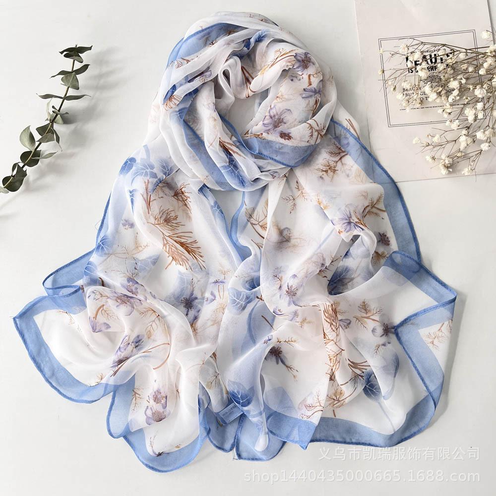 Neuer Sonnenschutz Langer Seidenschal Mohnblume Dünne Imitationsseide Frühling und Sommer Georgette Dekoration Damen Bedruckter Schal