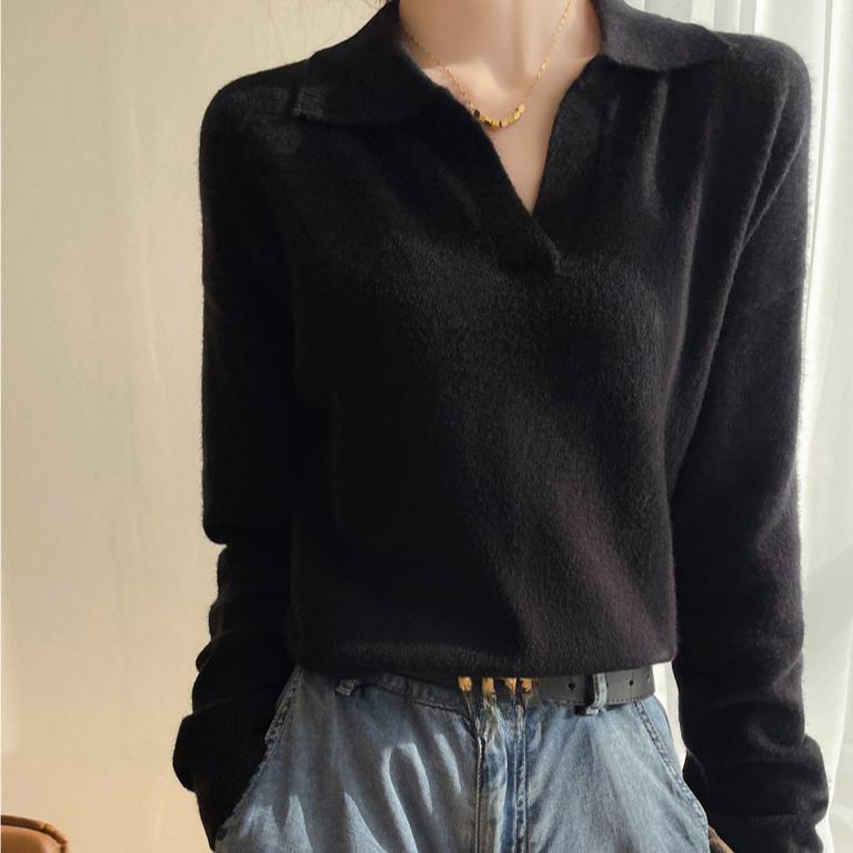 POLO-Kragen Strickpullover Damen Herbst und Winter Modischer Lockerer Pullover Vielseitiger Einfarbiger Freizeitpullover