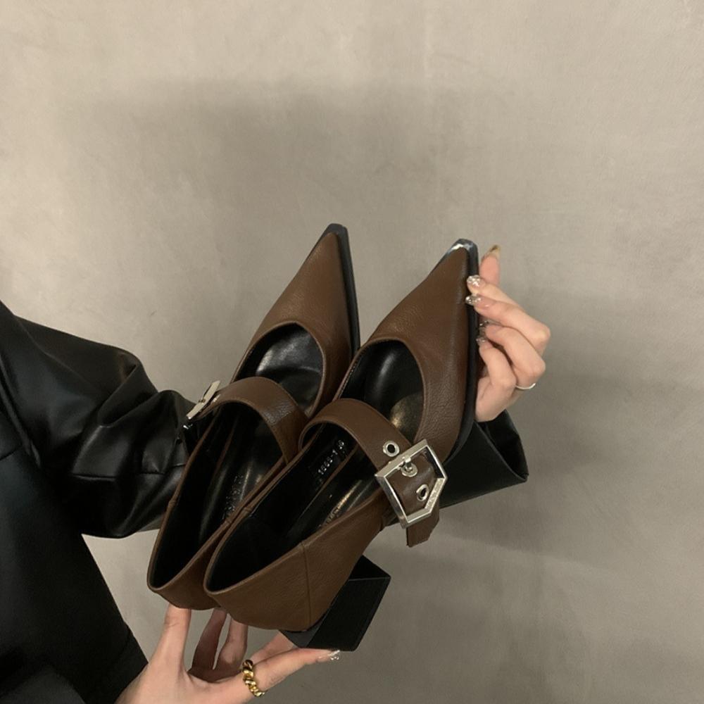 Fashion Retro Pointed Mary Jane Small Leather Shoes for Women 2024 Autumn and Winter New Korean Version of Chunky Heel Loafers