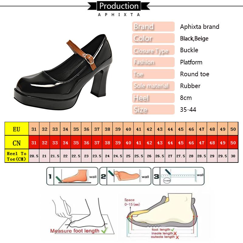 Fashion Aphixta Patent Leather 8cm Square Heels Mary Janes Buckle Straps Platform Women Shoes Elegant Pumps Size 44 tacones para mujer
