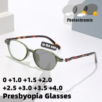 Stilvolle Lesebrille mit ovalem Rahmen, Blaulichtfilter und photochromatischen Gläsern, Unisex, minimalistisch, ultraleicht, Presbyopie-Brille 0 bis +4,0