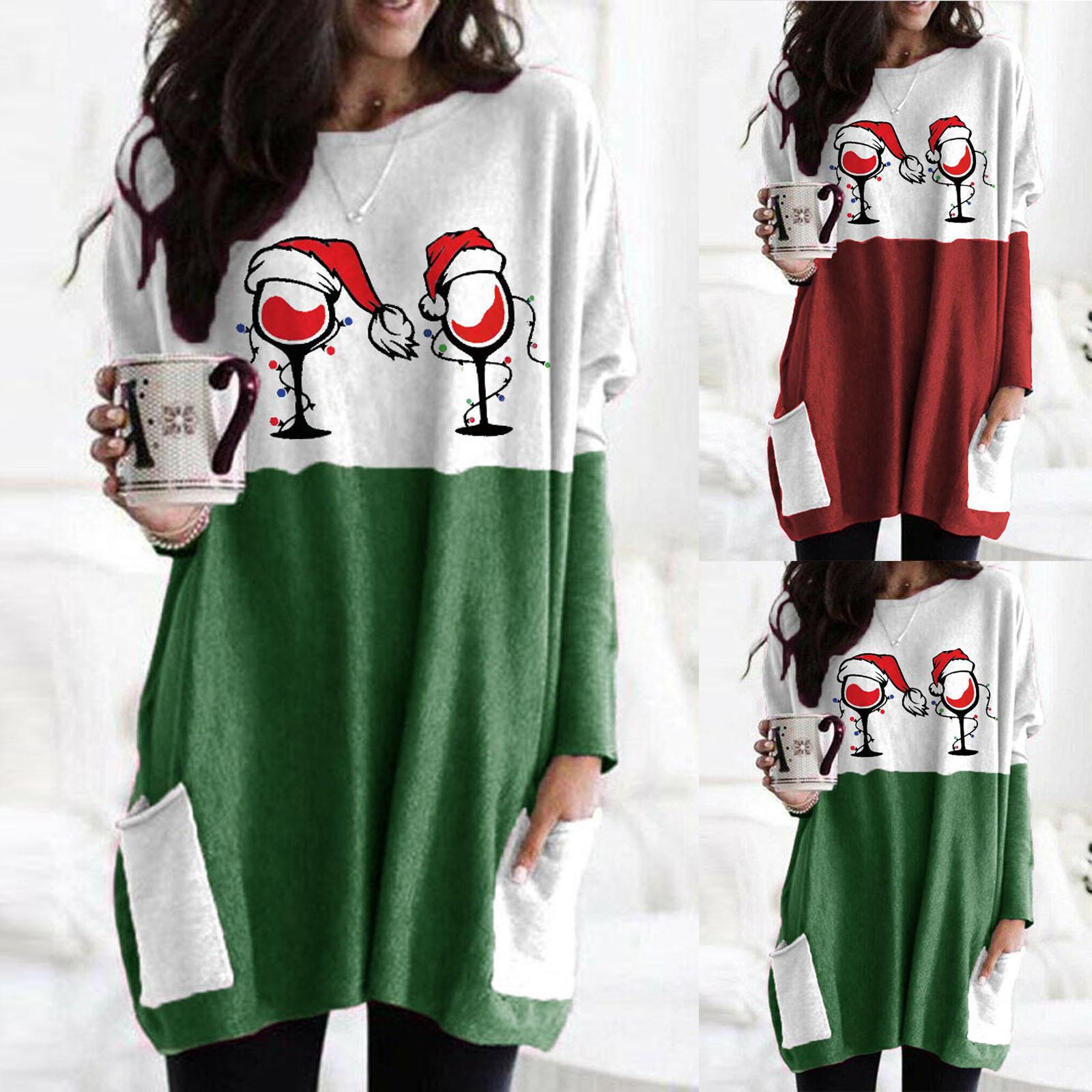 

Повседневная футболка с длинными рукавами с круглым вырезом Рождественский узор Топ