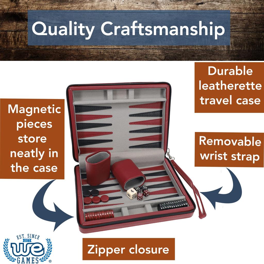 WE Games Burgundy Magnetic Backgammon Set with Carrying Strap Travel Size -