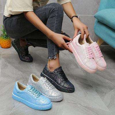 Large Size Sequined Casual Fashion Single Shoes Women'S Front Lace-Up Flat Bottom Round Head Bottom Top Sneakers Spot