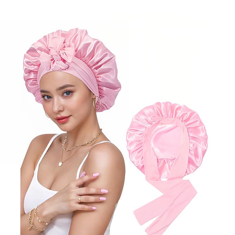 Women's Double-Layer Elastic Satin Sleep Cap - Wide Brim Hair Protection with Bow Ribbon