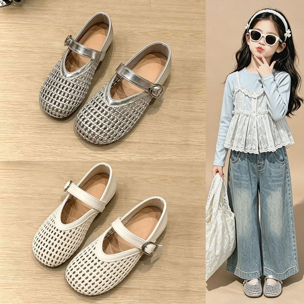Girls Leather Mary Jane Shoes Spring Soft Sole Princess Shoes Breathable Hollow Casual Sandals for Summer Outdoor Wear