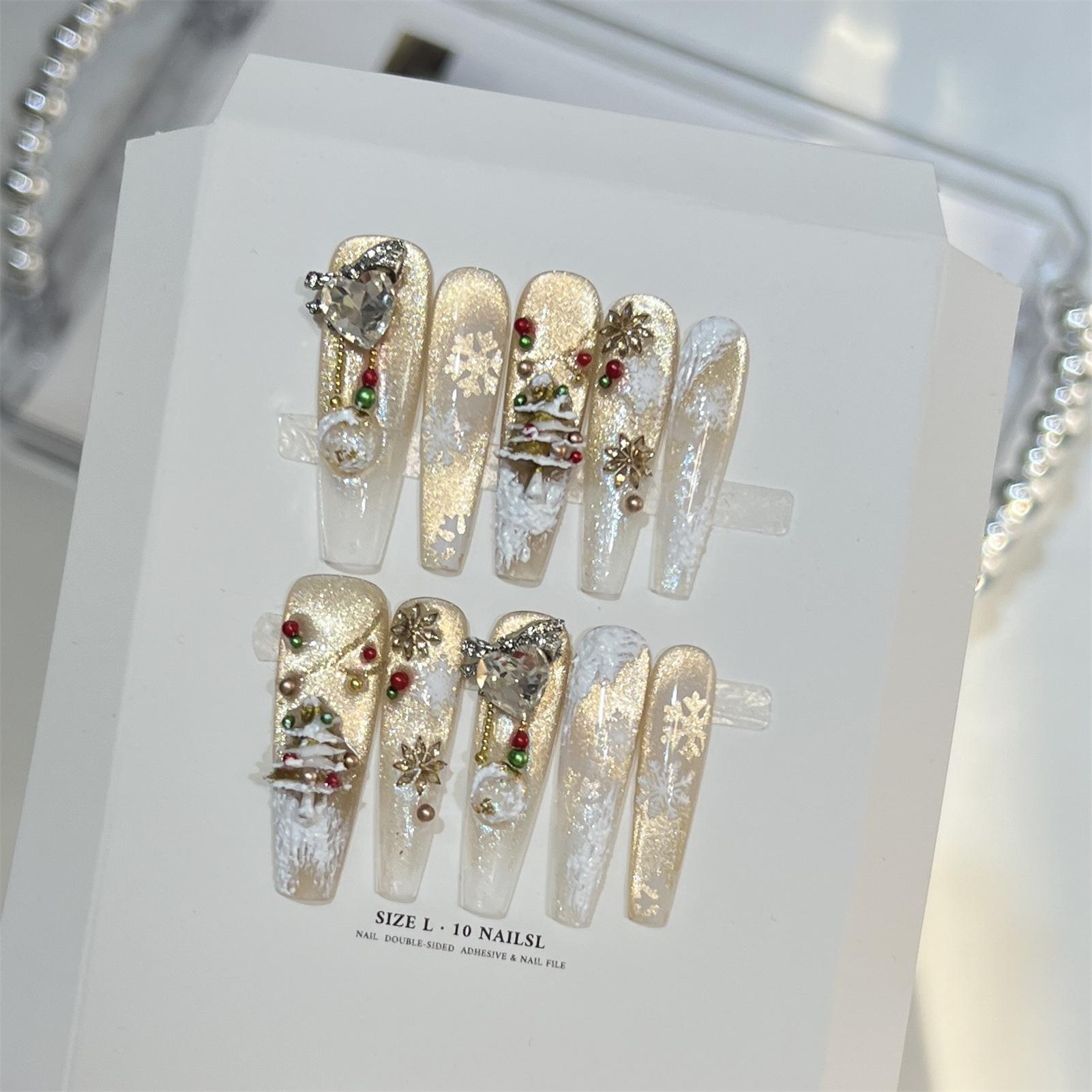 10Pcs Press On Nails Gold Tree Cat s Eye French Faux Nails Press On Nails For Christmas Party Holiday Decoration XS золотой