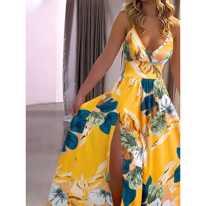 European and American Dress Slimming Solid Sling Trailing Banquet Yellow Formal Dress Women Dress