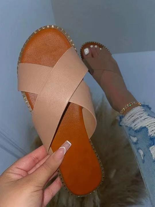 New Large Size Flat Bottom Casual Leopard Print Cross Type Women's Cool Slippers Large Size