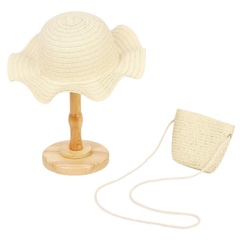 Summer Children's Wavy Edge Wide Brim Straw Hat And Woven Bags Travel Beach Sun Cap
