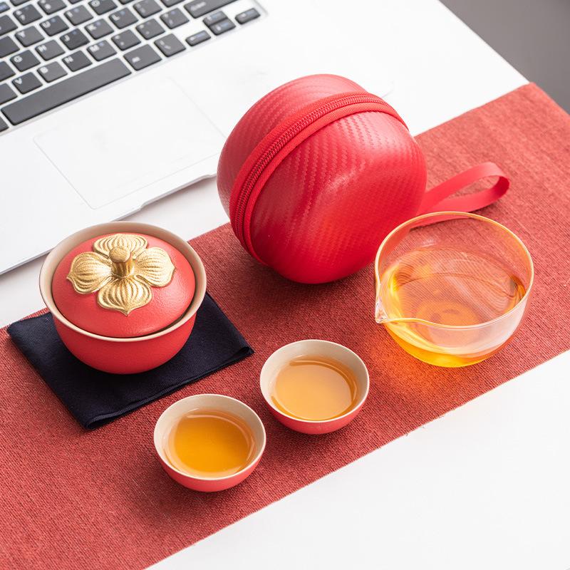 

Persimmon Ruyi Travel Tea Set Forbidden City Red Express Cup Portable Storage Brewing Teapot Teacup One Pot Two Cups