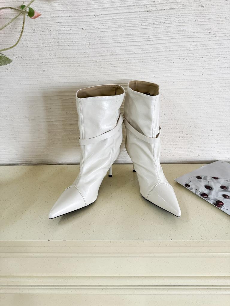 European and American style big tube circumference belt buckle pointed head high heel short boots