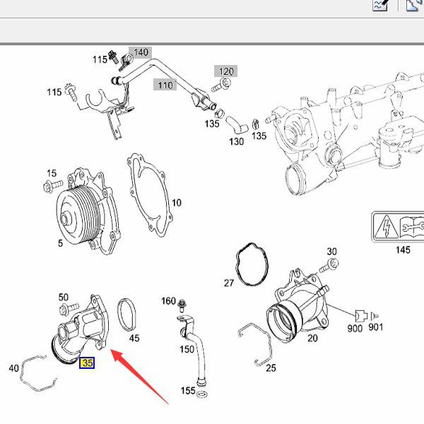 A6422001156 fits Mercedes-Benz models 166, 642, and 164 for lower water and thermostat pipe connectors.