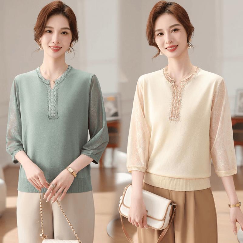 Elegant V-Neck Lace Sleeve Knit T-Shirt XL