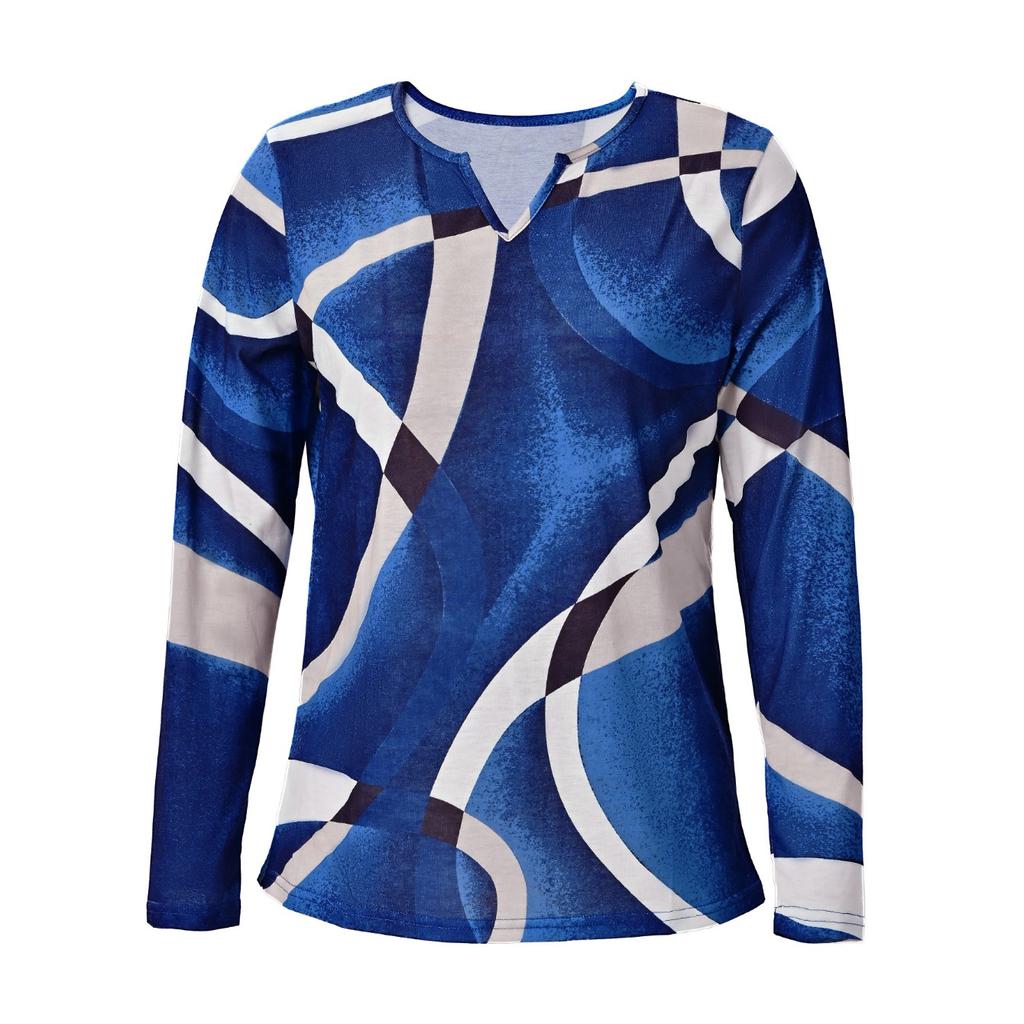 GMXIA Autumn Loose Long Sleeve Flower Bold V-neck T-shirt Base for Women