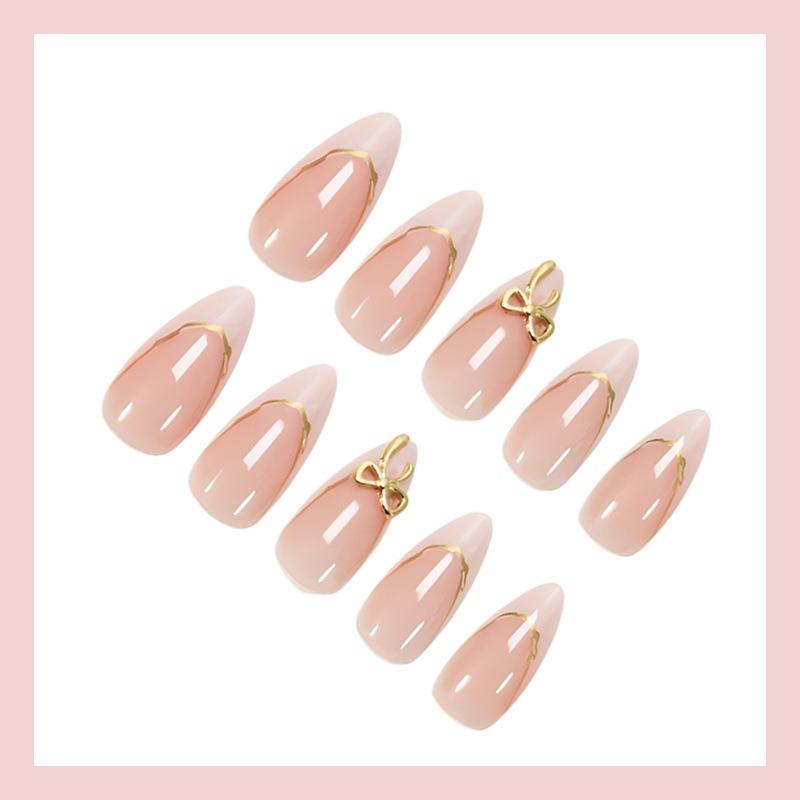 French Bow Press On Nails Almond Shaped Gold Line Nail Tips