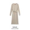 2024 Autumn Women's Ribbed Long Sleeve Belted Midi Dress - European & American Style
