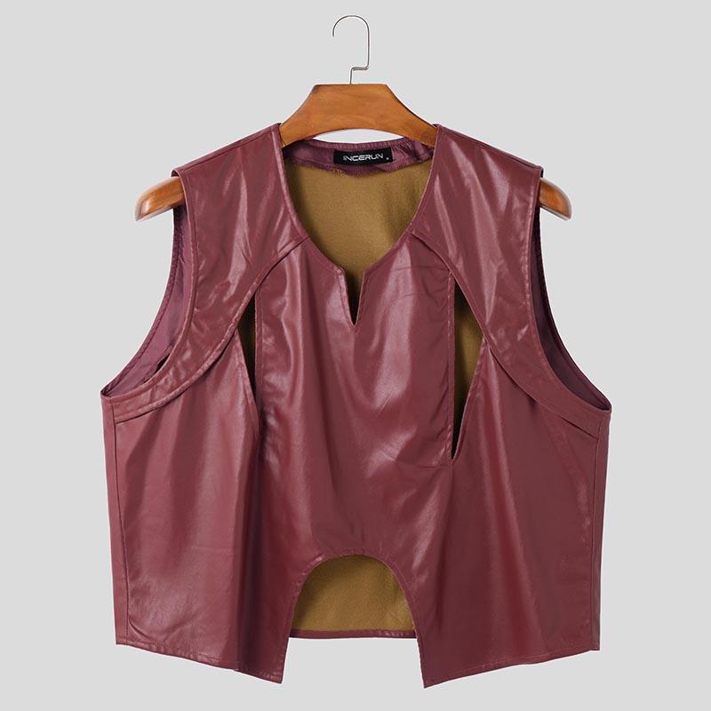 INCERUN Męskie bezrękawniki z wycięciami, ażurowe, codzienne, luźne, z PU skóry