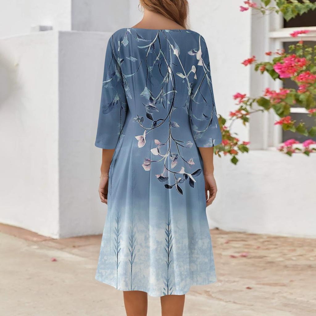 Women's Casual Fashion Round Neck Three Quarter Sleeve Print Midi Dress