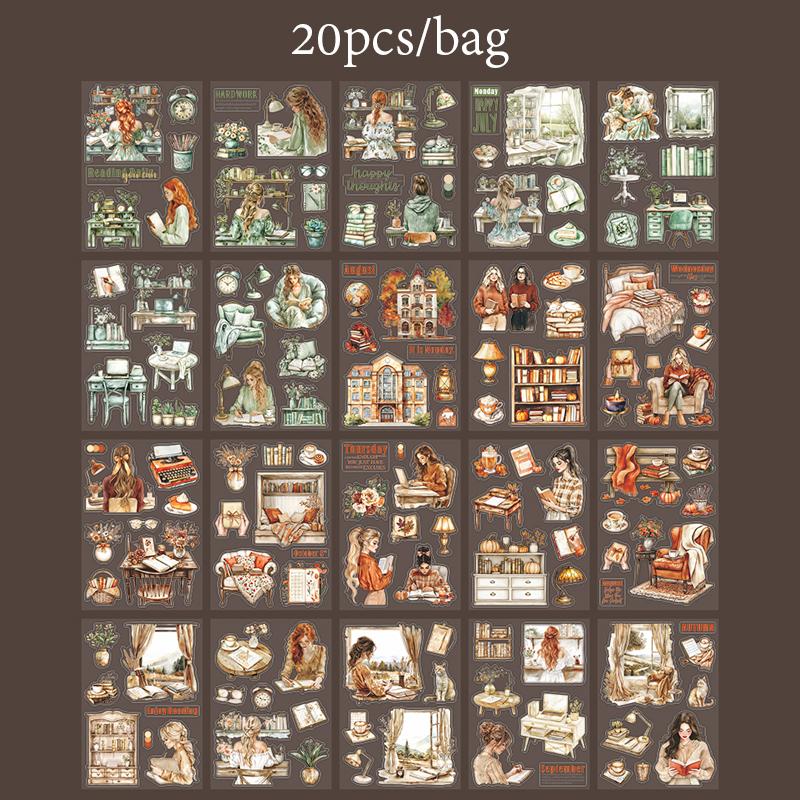 PET Sticker Book Coffee Fashion Girl Studying Daily Life Scene Notebook Sticker Book Creative DIY Greeting Card Cup Decoration