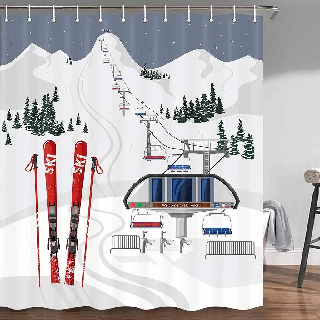 Winter Skiing Shower Curtain Set Modern Ski Station Snow Mountain Pine Tree Forest Bath Curtains Blue Christmas Bathroom Decor