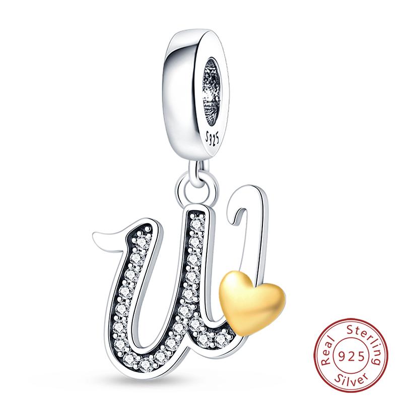 925 Silver Charm Beads Classic Gold Heart-Shaped 26 Letters Pendant For Bracelet DIY Charm Birthday Jewelry