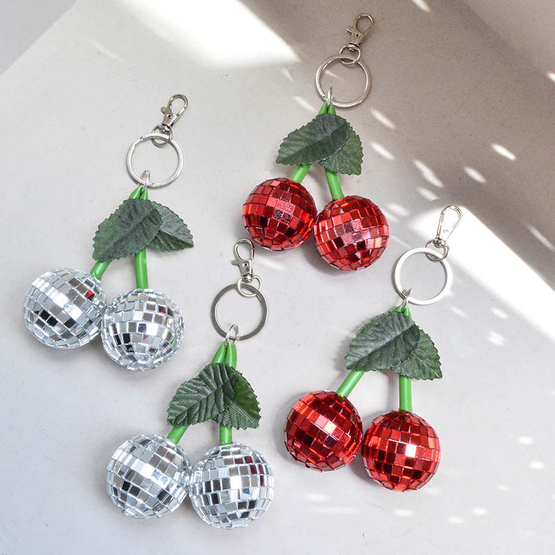 WTEMPO Green Leaves Cherry Shaped Keychains Mini Disco Balls Keychains Car Key/Door Key/Bag/ Backpack Keychain Pendents Festive Home Decor Ornaments