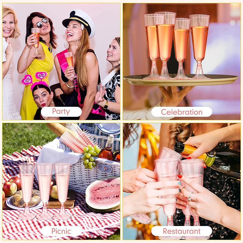 10Pcs Pink Champagne Cup Disposable Plastic Flutes Wedding Birthday Party Supplies Bar Drink Red Wine Celebratory Events