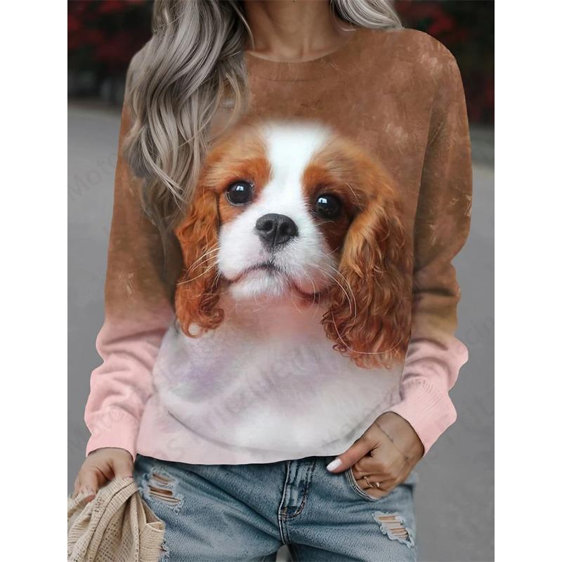 Autumn Long Sleeved Shirt Loose Casual Women's T-shirt Cute Cat Dog Print Fashionable Daily Comfortable Commuting T-shirt