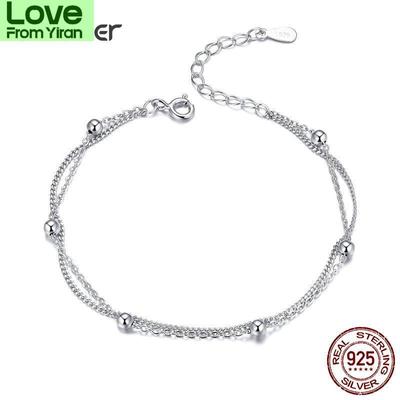 925 Silver Chain Bracelet Women Round Beads Double Layers Link Chain Bracelets Female Sterling Silver Jewelry Scb131