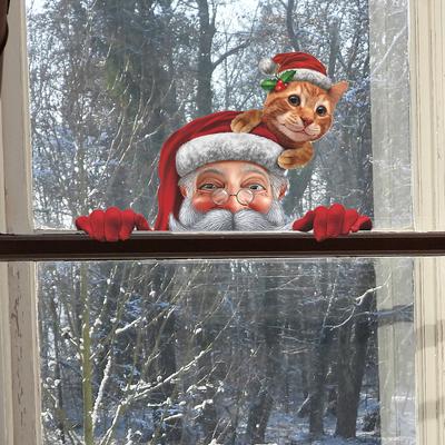 Santa Kitty Peeking Glass Windows and Home Decor Window Stickers