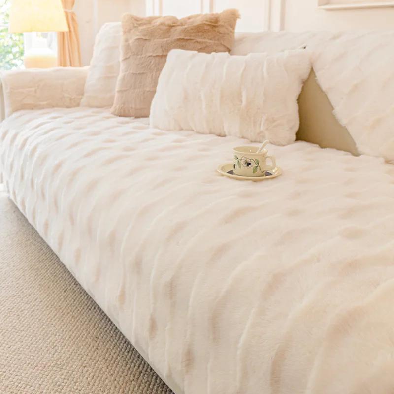 Rabbit Plush Net Solid color thicken Sofa Cushion Winter Padded Plush Cushion Non-slip Leather Sofa Cover New Cover Cloth Towel