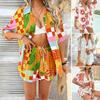 Spring Summer Cross-Border European and American Foreign Trade Bohemian Print Leisure Holiday Style Contrast Color Cardigan Shorts Two-piece Set