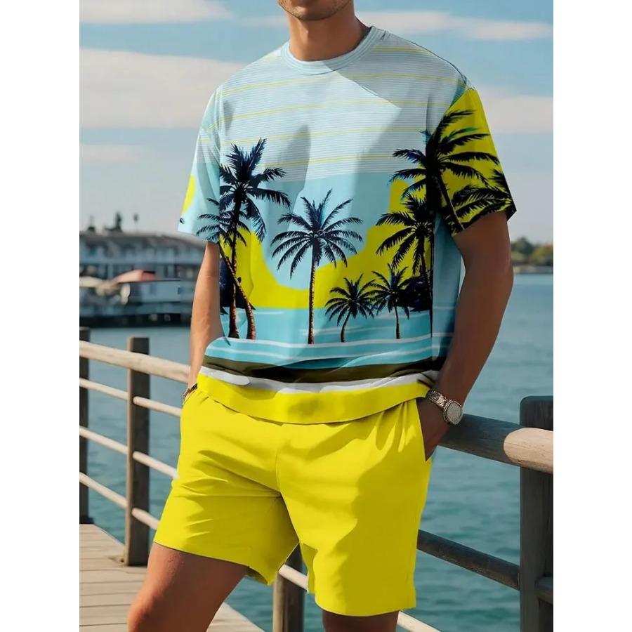 Gradient Coconut Tree Men's Set 3D Printed Summer Beach Hawaiian Style T-shirt+pants two-piece casual sports plus size men's set