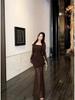Women's Off-Shoulder Mesh Patchwork Pleated Dress - Slim Fit Waist-Cinching Long Skirt, Sexy Spring Style 