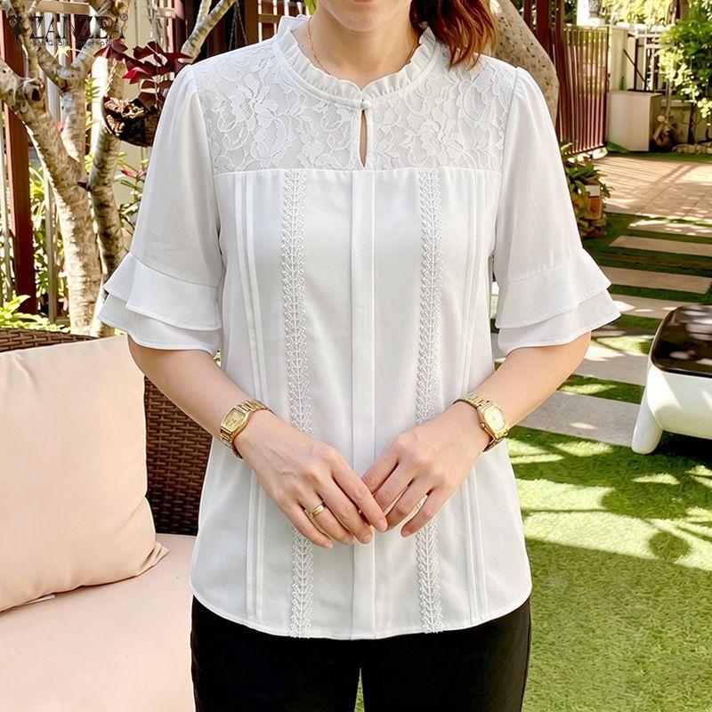 ZANZEA Women Casual Lace Patchwork Round Neck 3/4 Sleeve Loose Blouse