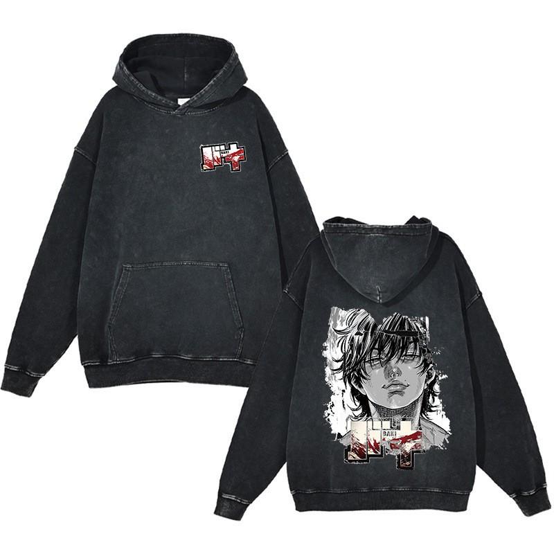 Baki Hanma Anime Streetwear Hoodie Heavyweight Cotton Washed Vintage Style Mens Long Sleeve Pullover