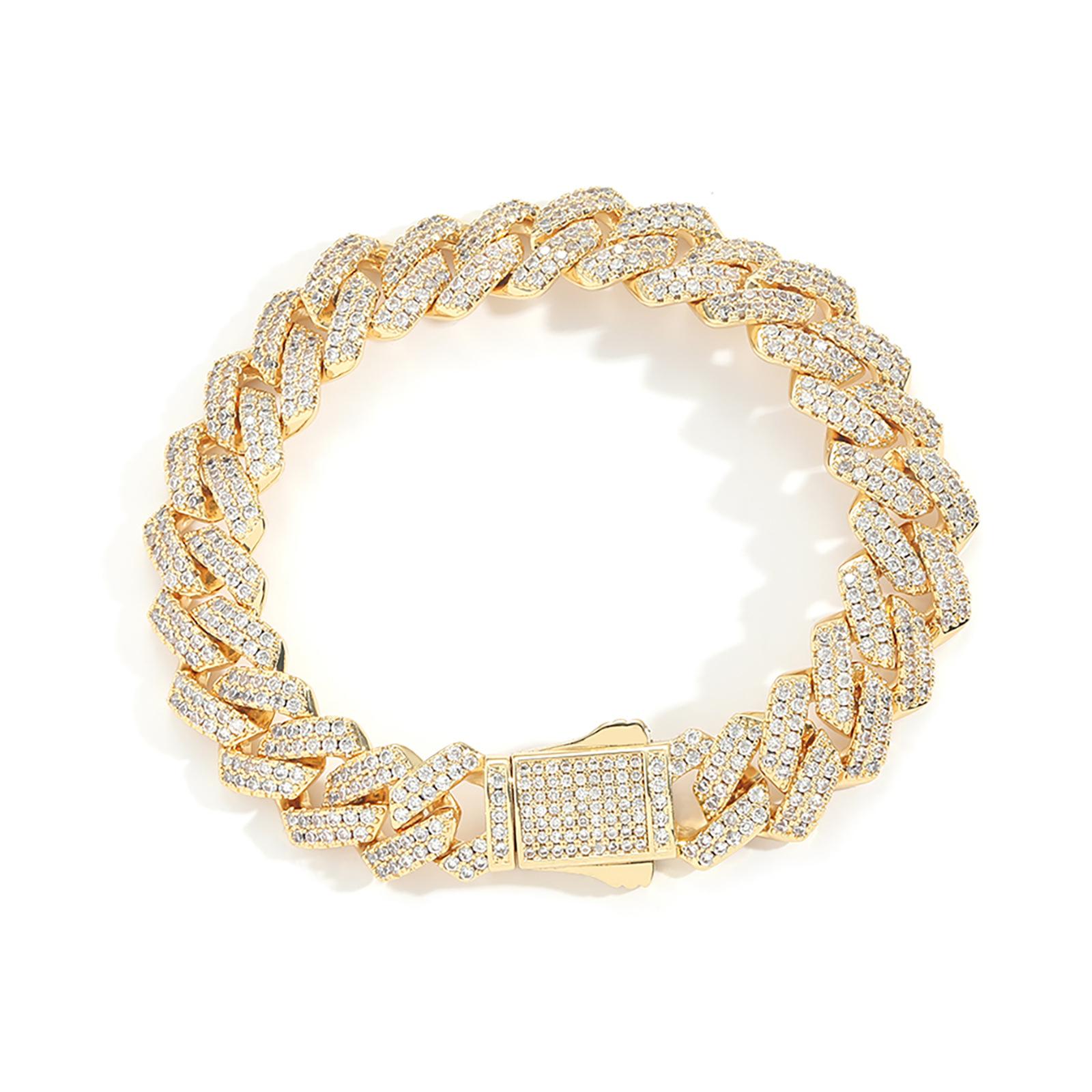 Hip Hop Jewelry Spring Clasp 13mm Rhombus Strip Cuban Link Bracelet Bling CZ Iced Out Prong Cuban Link Chain Bracelet 7inch(17.78cm) золотой